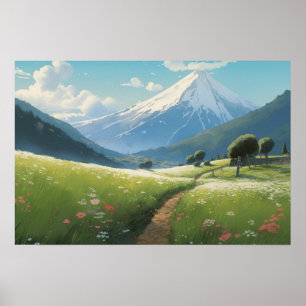 アニメ絵画の山の下の曲がりくねった道 ポスター