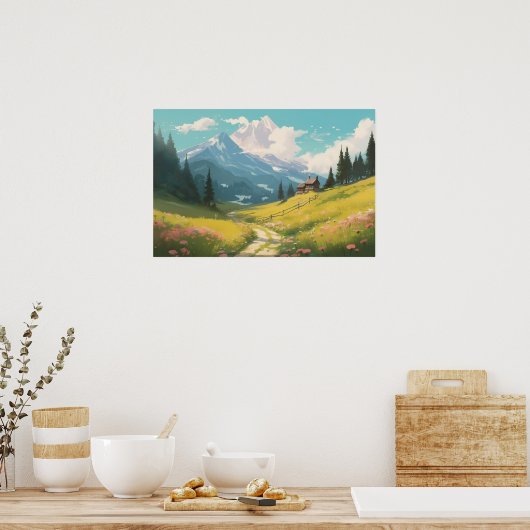 アニメ絵画の曲がりくねった道の牧草地の山 ポスター (キッチン)