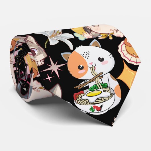 アニメ過多かわいいパターンブラックBG ネクタイ (ロール)