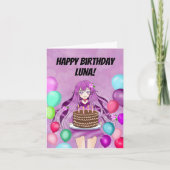 アニメ風の十代の女の子とケーキのバースデーカード カード (正面)