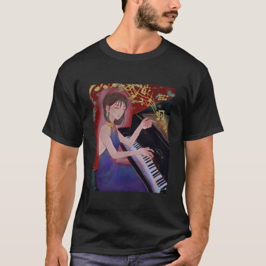 アニメ風の少女がピアノを演奏する優雅な音楽 Tシャツ (正面)