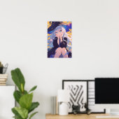 アニメ風の微笑む魔女の少女の肖像画 ポスター (ホームオフィス)