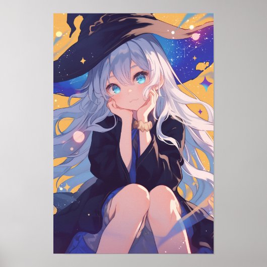 アニメ風の微笑む魔女の少女の肖像画 ポスター (正面)