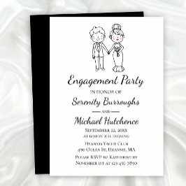 アニメ風の花嫁と花婿のブラックウェディングエンゲージメントパーティー 招待状