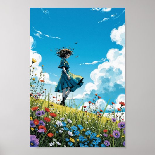 アニメ風の風景 荒々しい花の丘の壁掛けアート ポスター (正面)