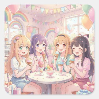 アニメ風ガールズ アイスクリーム バースデーパーティー スクエアシール