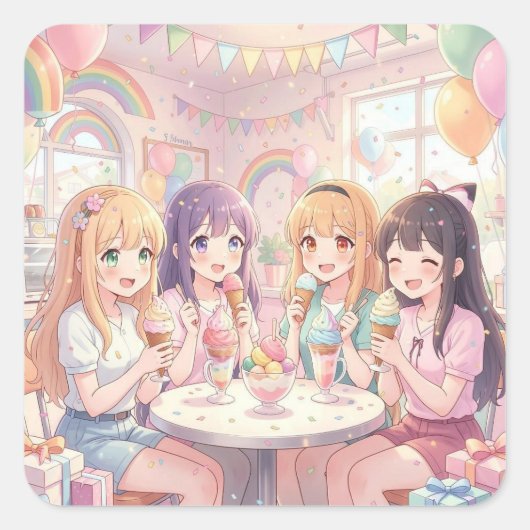 アニメ風ガールズ アイスクリーム バースデーパーティー スクエアシール (正面)