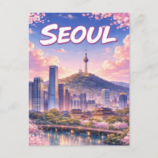 アニメ風ソウル韓国スカイライン ポストカード (正面)