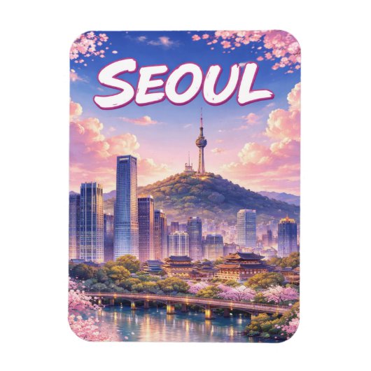 アニメ風ソウル韓国スカイライン ポストカード マグネット (縦)