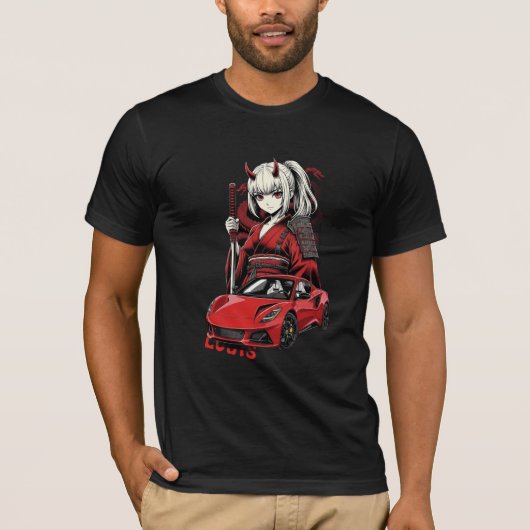 アニメ鬼娘と赤いスポーツカーハート Tシャツ (正面)