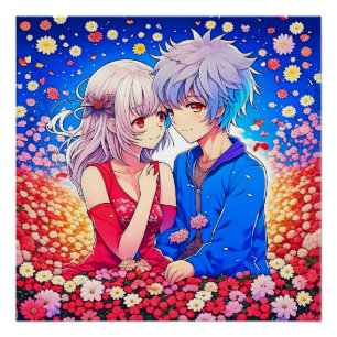 アニメ・カップルが花とハートを愛する ポスター