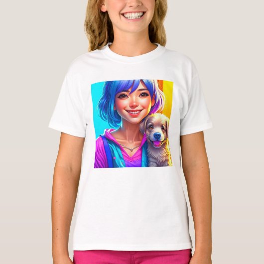 アニメ・ガールと子犬 Tシャツ (正面)
