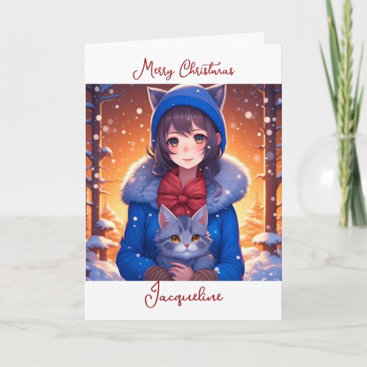 アニメ・ガールと子猫ぬりえページクリスマス カード (正面)