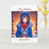 アニメ・ガールと子猫ぬりえページクリスマス カード (黄色い花)