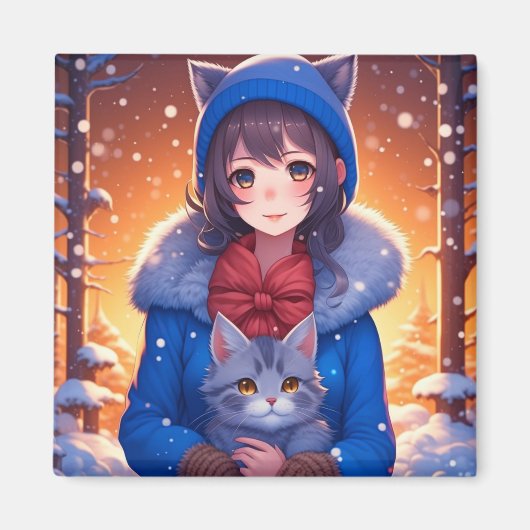 アニメ・ガールと子猫の冬のクリスマス マグネット (正面)