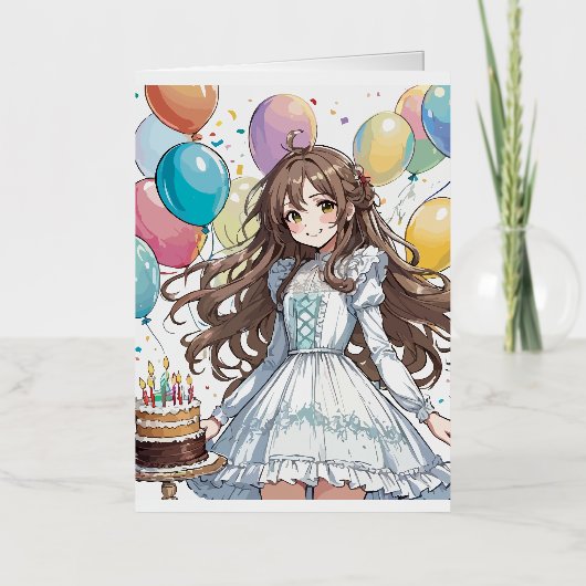 アニメ・ガール誕生日 箔グリーティングカード (正面)