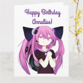 アニメ・ガール・ヘッドフォン猫の耳ビッグ誕生日 カード (黄色い花)