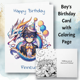 アニメ・ドラゴンをテーマにした少年の誕生日 | カラーリングページ カード
