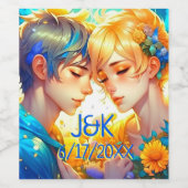 アニメ・ボーイ・ガール・フローラパーソナライズされたカップル ワインラベル (シングルラベル)