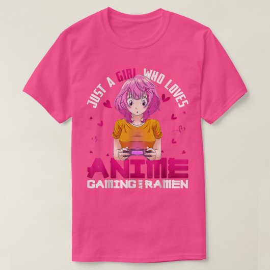 アニメ・ラーメンやゲーム好きな女の子 Tシャツ (デザイン正面)