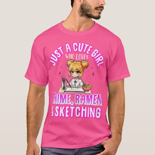 アニメ・ラーメンやスケッチーが大好きな、かわいい女の子 Tシャツ (正面)