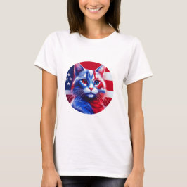 アニリカン国旗を掲げた白と青のネオン猫 Tシャツ