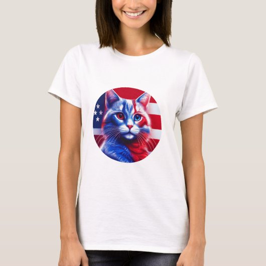 アニリカン国旗を掲げた白と青のネオン猫 Tシャツ (正面)