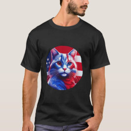 アニリカン国旗を掲げた白と青のネオン猫 Tシャツ