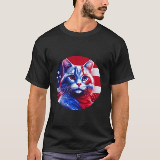 アニリカン国旗を掲げた白と青のネオン猫 Tシャツ (正面)