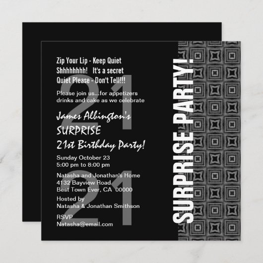アニーイヤーサプライズ誕生日モダン白黒グレー 招待状 (正面/裏面)