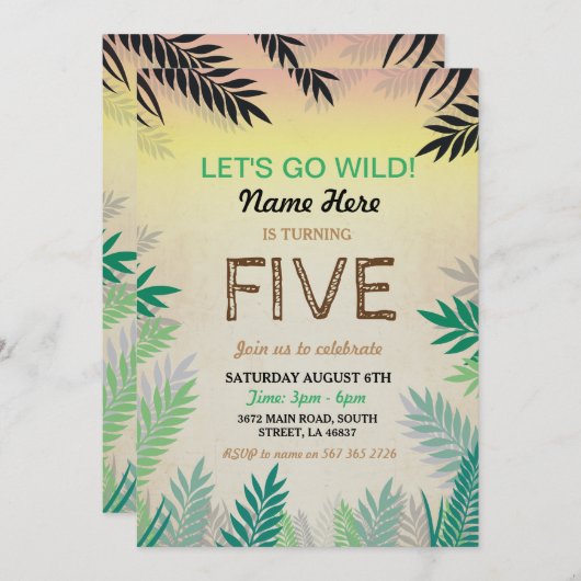 アニーエイジジャングルの誕生日パーティーサファリ動物園招待状 招待状 (正面/裏面)