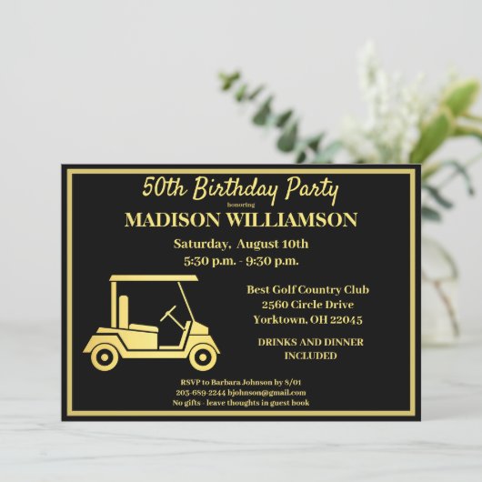 アニーエイジバースデーパーティーゴルフブラック金ゴールド   招待状 (スタンド正面)