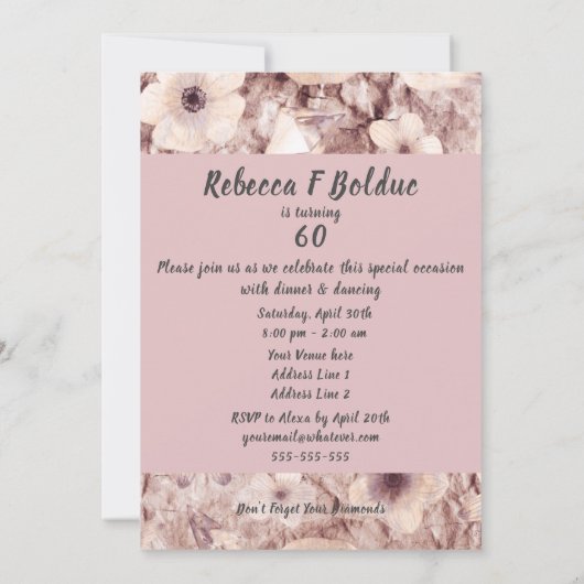 アニーエイジ誕生日ピンクローズ金ゴールドダイヤモンドボウ 招待状 (裏面)