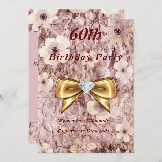 アニーエイジ誕生日ピンクローズ金ゴールドダイヤモンドボウ 招待状 (正面/裏面)