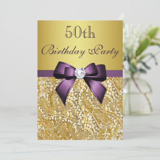 アニーエイジ誕生日金ゴールドシーフェイクキンズパープルボウ 招待状 (スタンド正面)