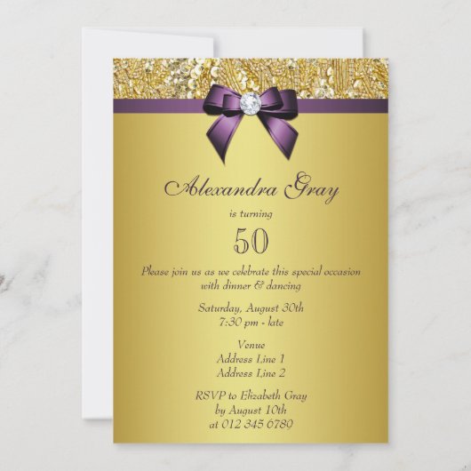 アニーエイジ誕生日金ゴールドシーフェイクキンズパープルボウ 招待状 (裏面)