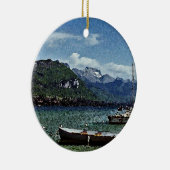 アヌシーフランスの湖ボートそして山 セラミックオーナメント (右)