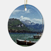 アヌシーフランスの湖ボートそして山 セラミックオーナメント (左)