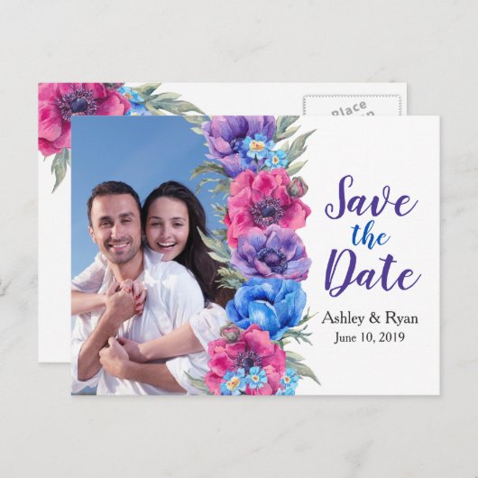 アネモネの花の写真の結婚式の保存日付 案内ポストカード (正面/裏面)