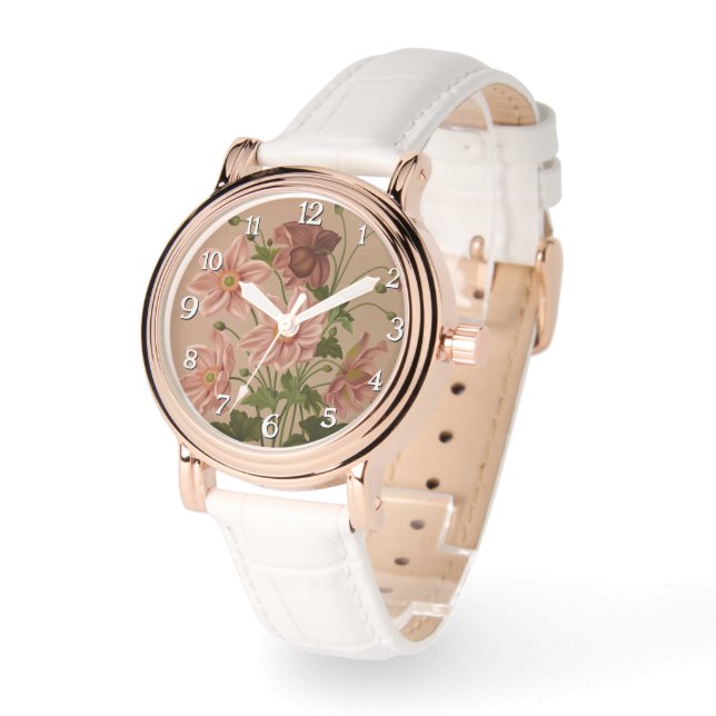 アネモネジャポニカロシー絶妙ヴィンテージ植物学 腕時計 (傾斜)