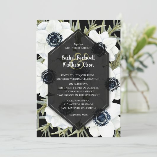 アネモネ植物白黒の結婚式の招待 (スタンド正面)