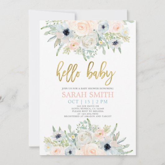 アネモネ赤面フローラ水彩ベビーシャワーガール 招待状 (正面)