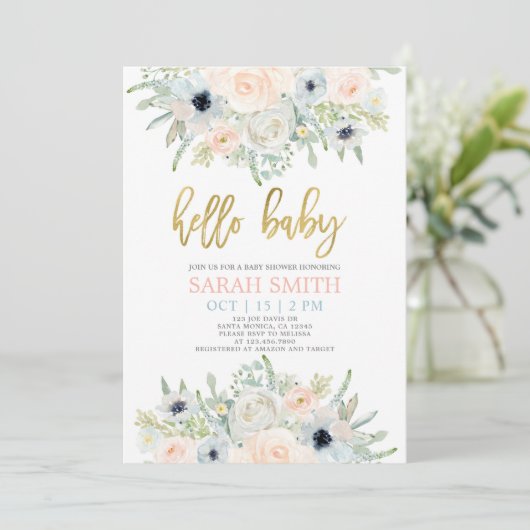 アネモネ赤面フローラ水彩ベビーシャワーガール 招待状 (スタンド正面)