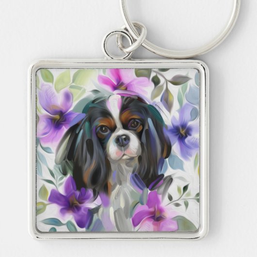 『アネモネ』Tricolor Cavalierの犬アートキーチェーン キーホルダー (正面)