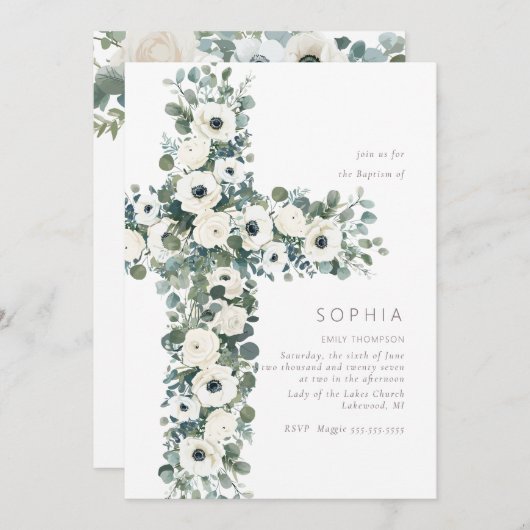 アネモンとユーカリがバプテスマ《キリスト教》洗礼式や命名式 招待状 (正面/裏面)