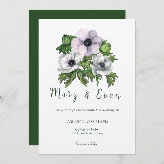 アネモンの花は紫結婚灰色 招待状 (正面/裏面)