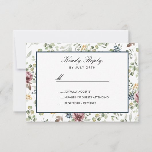 アネモン赤面ブルーシックな花ウェディングRSVP 出欠カード (正面)