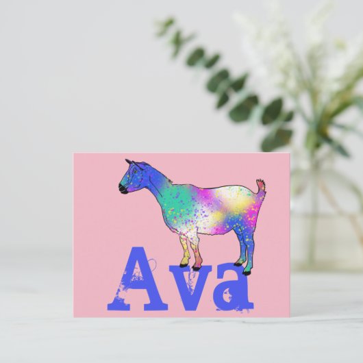 アバアッドネームファンキーかわいい山羊カラフルの動物 ポストカード (スタンド正面)