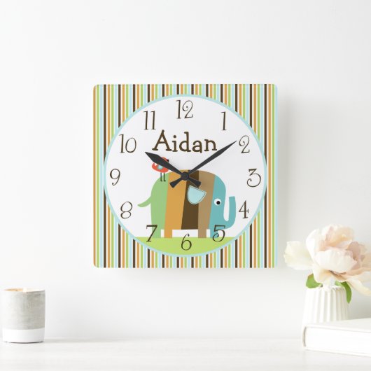 アパーソナライズされたストライプのフ象の時計 スクエア壁時計 (ホーム)
