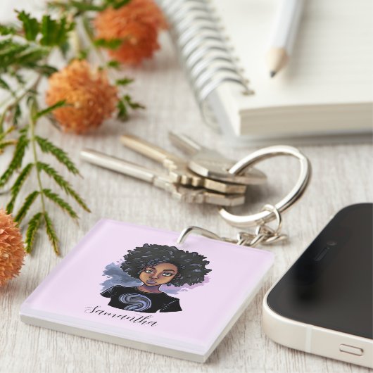 アパーソナライズされたフきらめくリカ人女性 キーホルダー (正面右)